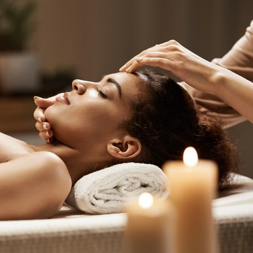 mains faisant un massage de visage anti-age sur une femme allongée